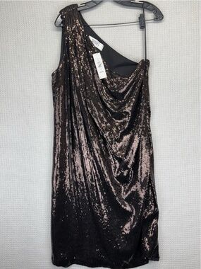 Badgley Mischka One Shoulder Bronze/Brown Sequined Mini Cocktail Party Dress XL